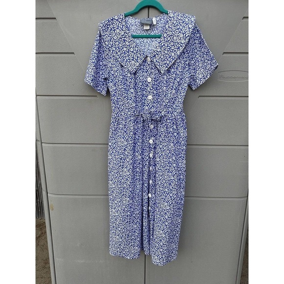 Vintage 80s Carol Anderson Cotton Floral Shawl Collar Full Tea Midi Dress Sz 10 - Picture 1 of 11